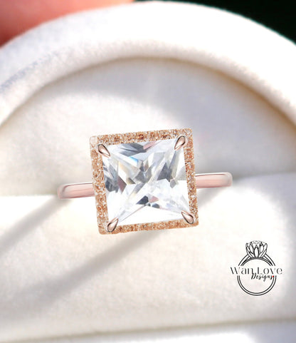 White Sapphire Diamond Princess Halo Engagement Ring Plain Shank Square Wedding Custom 14kt 18kt Gold, Platinum, WanLoveDesigns