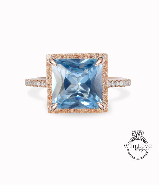 Aquamarine Spinel & Diamond Princess Halo Engagement Ring Square Cathedral Blue Custom 14k White Yellow Rose Gold Platinum, WanLoveDesigns