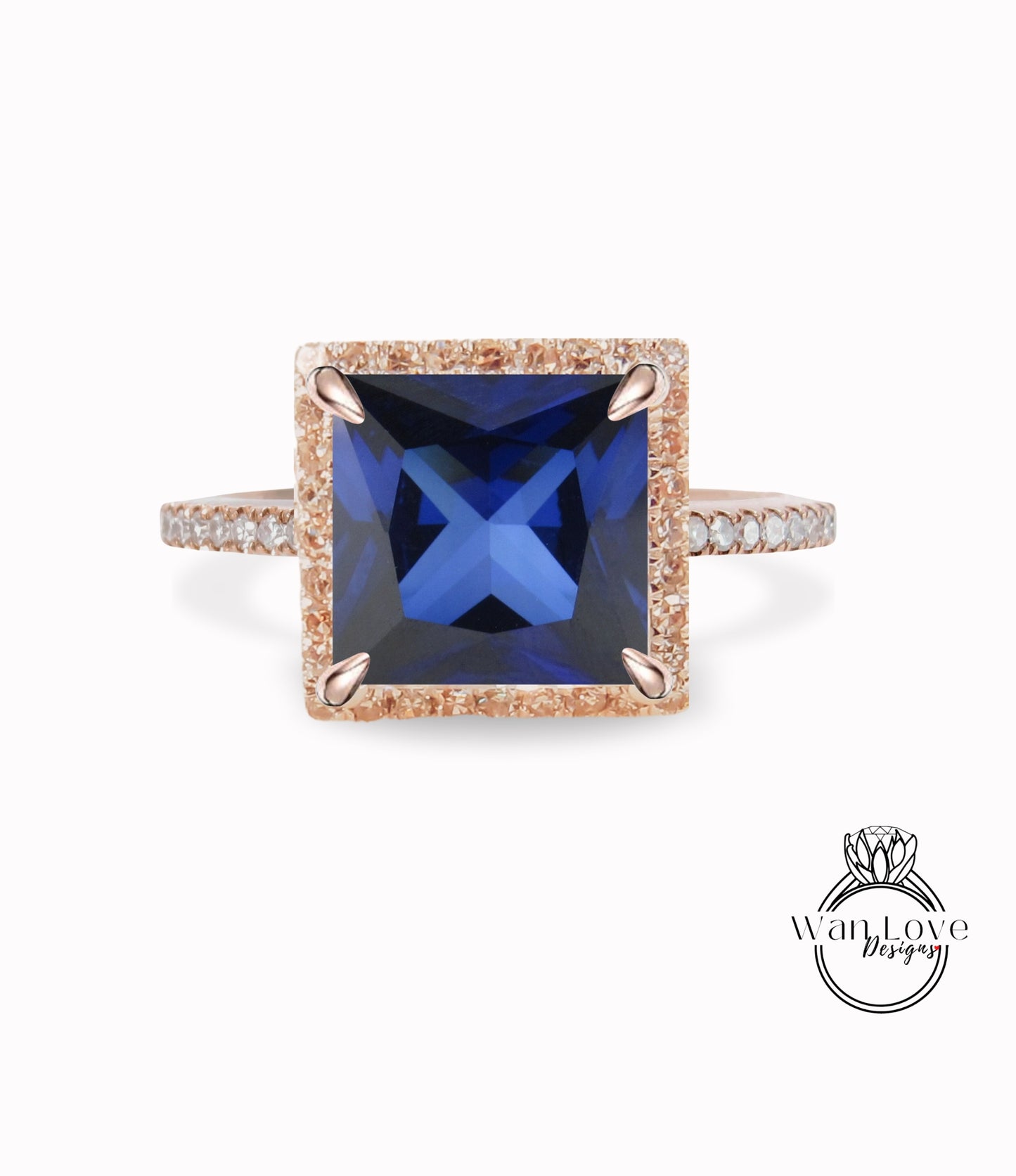 Anello di fidanzamento con zaffiro blu e diamante Princess Halo, quadrato, cattedrale personalizzata, oro 14k e 18k, platino, anniversario di matrimonio, WanLoveDesigns