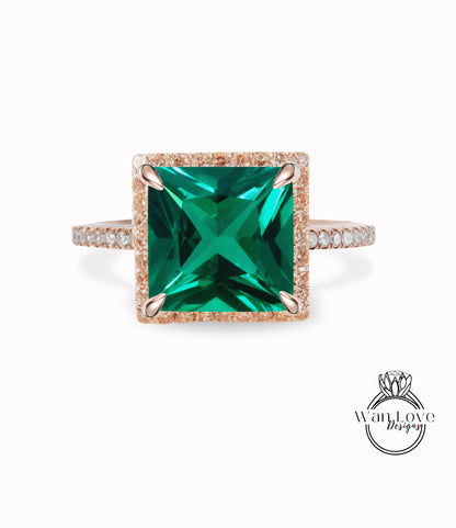 Emerald & Diamond Princess Halo Engagement Ring Square Cathedral, Custom-14kt 18kt Gold-Platinum-Wedding-Anniversary, WanLoveDesigns