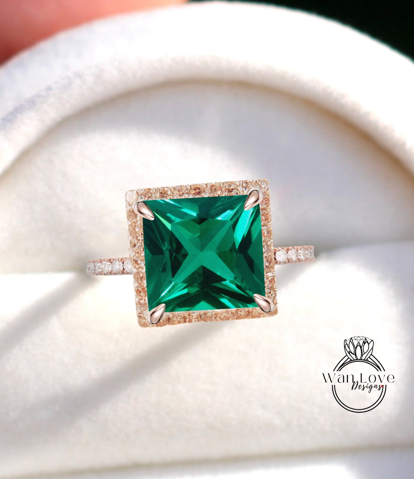 Emerald & Diamond Princess Halo Engagement Ring Square Cathedral, Custom-14kt 18kt Gold-Platinum-Wedding-Anniversary, WanLoveDesigns