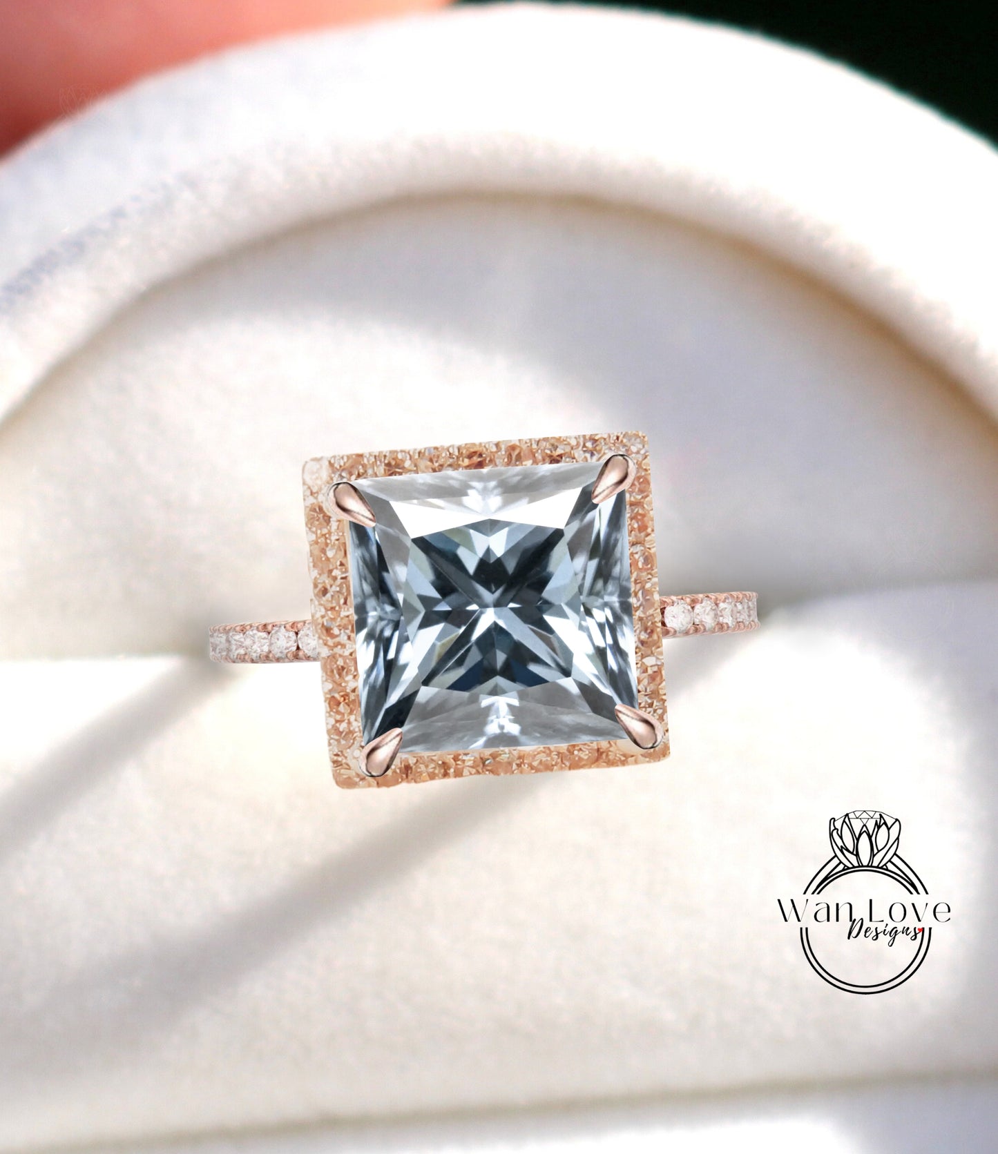 Custom Listing for Derek RUSH Art deco Princess Cut Grey Moissanite Engagement Ring white gold Antique diamond halo ring bridal ring Moissanite wedding Anniversary gift