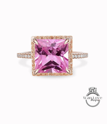 Pink Sapphire & Diamond Princess Halo Engagement Ring Square Cathedral Custom 14k White Yellow Rose Gold Platinum Wedding, WanLoveDesigns