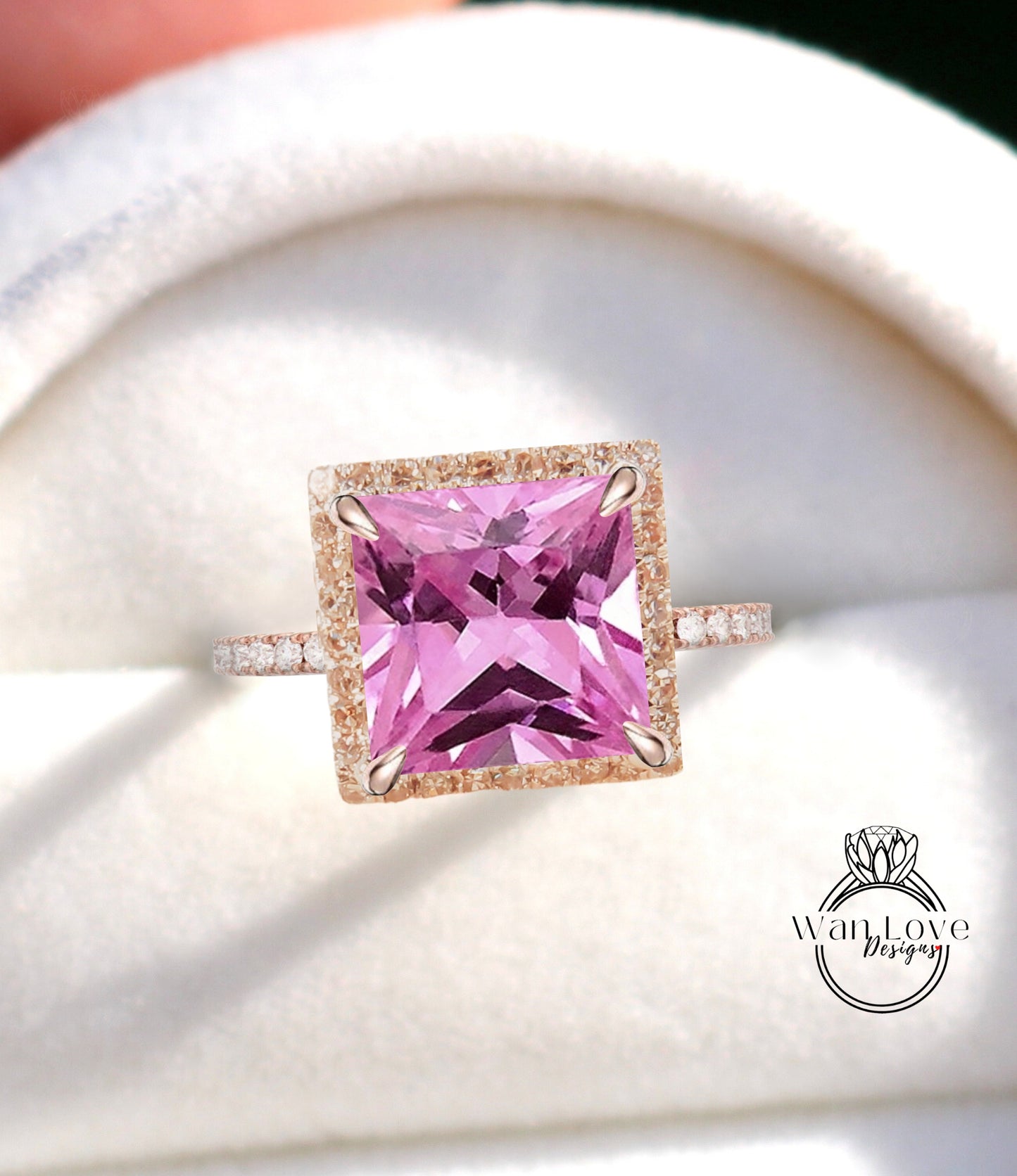 Pink Sapphire & Diamond Princess Halo Engagement Ring Square Cathedral Custom 14k White Yellow Rose Gold Platinum Wedding, WanLoveDesigns