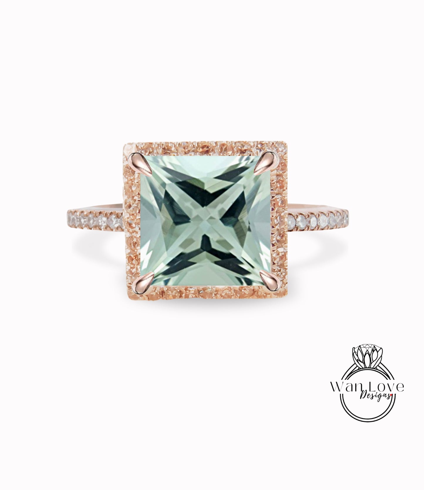 Prasiolite Verde Ametista e Diamante Principessa Halo Anello di fidanzamento Cattedrale quadrata Personalizzato 14k Bianco Giallo Oro rosa Platino Weding