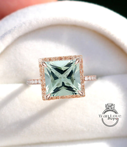 Prasiolite Green Amethyst & Diamond Princess Halo Engagement Ring Square Cathedral Custom 14k White Yellow Rose Gold Platinum Weding