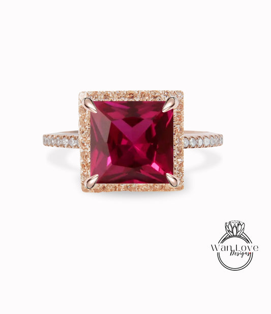 Ruby Diamond Princess Halo Engagement Ring, Square, Cathedral, Custom 14k White Yellow Rose Gold-Platinum-Wedding, WanLoveDesigns