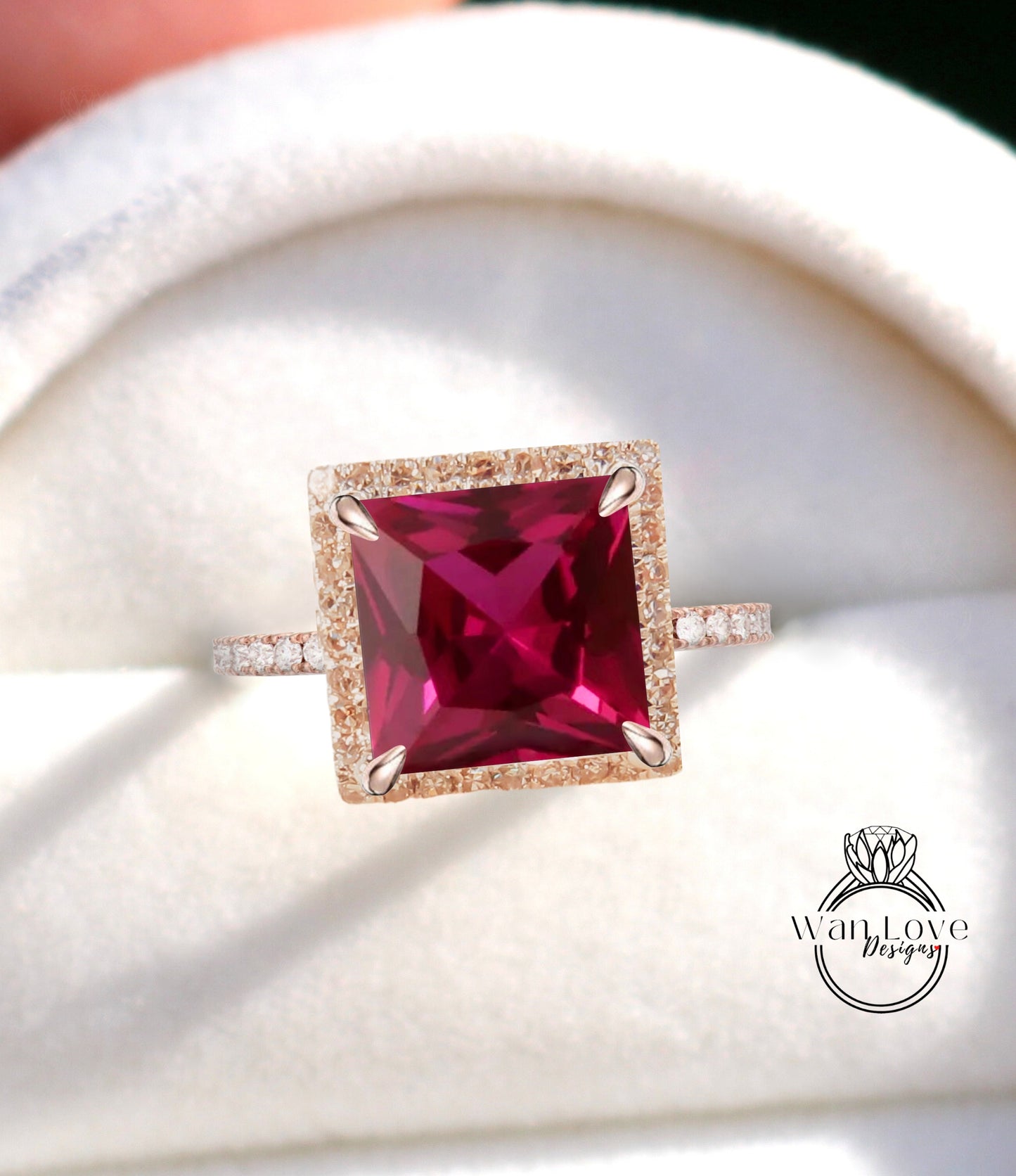 Ruby Diamond Princess Halo Engagement Ring, Square, Cathedral, Custom 14k White Yellow Rose Gold-Platinum-Wedding, WanLoveDesigns