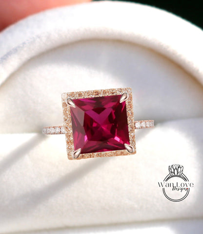 Anello di fidanzamento Princess Halo con diamanti rubino, quadrato, cattedrale, personalizzato 14k bianco giallo oro rosa-matrimonio in platino, WanLoveDesigns