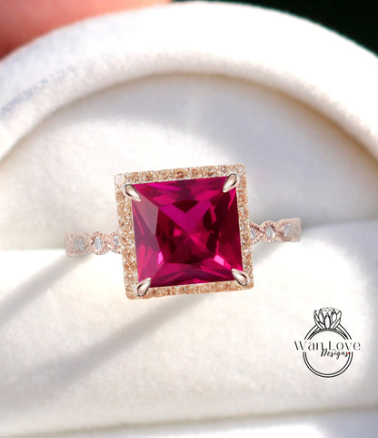 Ruby & Diamonds Halo Princess Scalloped Milgrain Vintage Pink Sapphire Engagement Ring/ Antique Style Anniversary Rings/ 14K Solid White Gold Rings