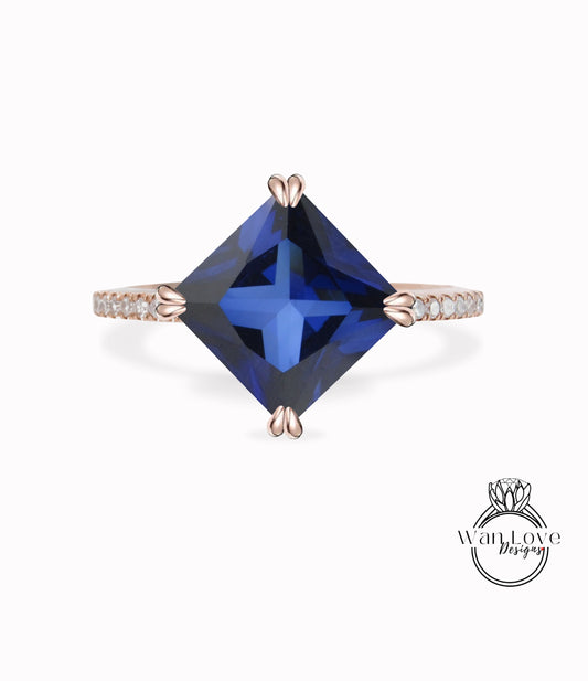 Anello con zaffiro blu aquilone Anello con diamante principessa Anello di fidanzamento geometrico Anello di fidanzamento con punta ad artiglio quadrato Anello con pietra preziosa Moissanite dell'aquilone