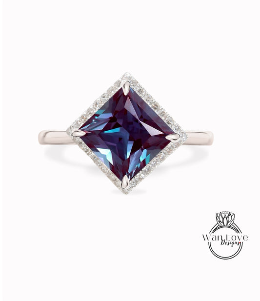 Kite Diamond halo Ring, Alexandrite Diamond Ring, Geometric Engagement Ring, Kite Plain Band Gemstone Ring
