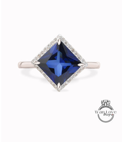Kite Diamond halo Ring, Blue Sapphire Diamond Ring, Geometric Engagement Ring, Kite Plain Band Gemstone Ring