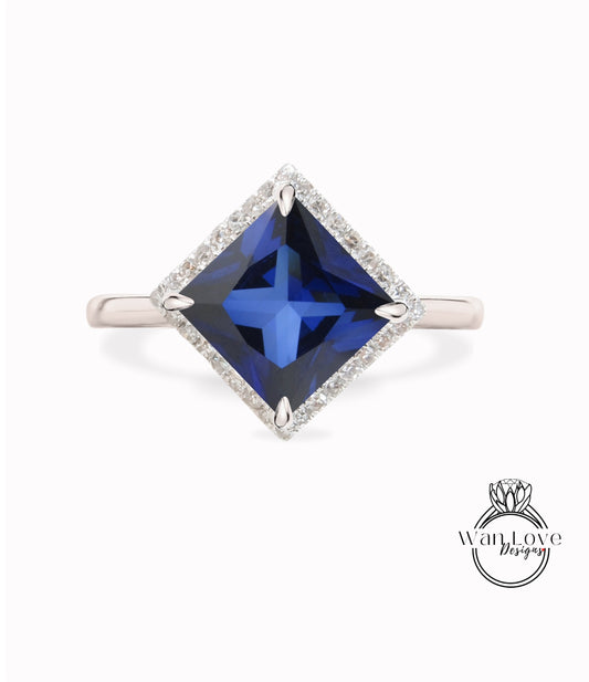 Anello aureola con diamante aquilone, anello con diamante zaffiro blu, anello di fidanzamento geometrico, anello con pietra preziosa a fascia semplice con aquilone