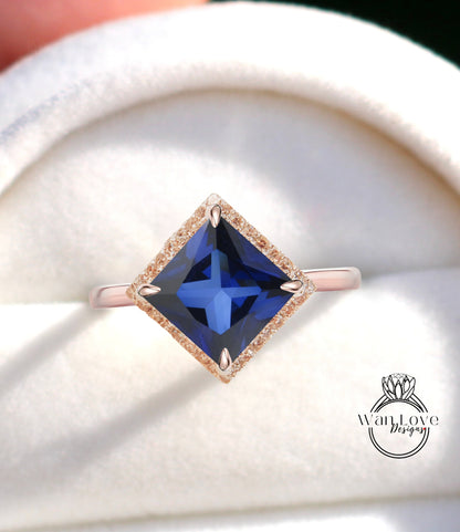 Anello aureola con diamante aquilone, anello con diamante zaffiro blu, anello di fidanzamento geometrico, anello con pietra preziosa a fascia semplice con aquilone
