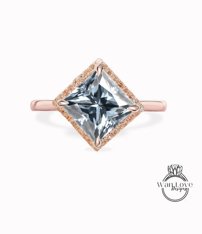 Kite Diamond halo Ring, Gray Moissanite Diamond Ring, Geometric Engagement Ring, Kite Plain Band Grey Gemstone Ring