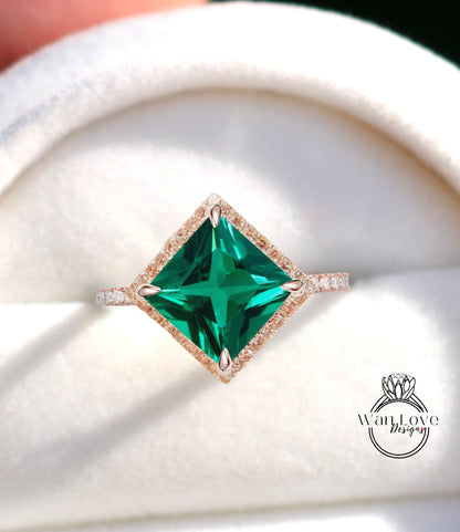 Anello aureola con diamante aquilone, anello con diamante smeraldo, anello di fidanzamento geometrico, anello con pietra preziosa verde aquilone