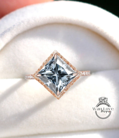 Kite set Princess Diamond Halo Ring, Anello con taglio principessa Moissanite grigio diamante, Anello di fidanzamento quadrato geometrico, Anello Moissanite Kite Halo
