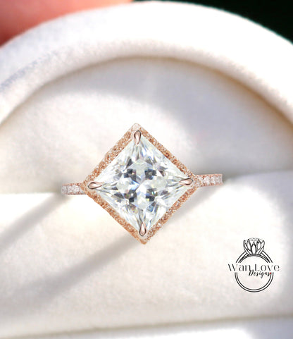 Kite set Princess Diamond halo Ring, Moissanite Diamond Princess cut Ring, Geometric Square Engagement Ring, Kite Halo Moissanite Ring