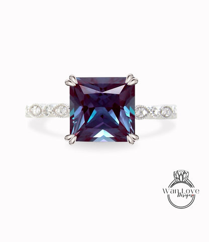 Alexandrite & Diamond Scalloped Princess Engagement Ring-Square-Cathedral Custom-14k 18k Gold-Platinum, Bridal Wedding ring-Anniversary gift