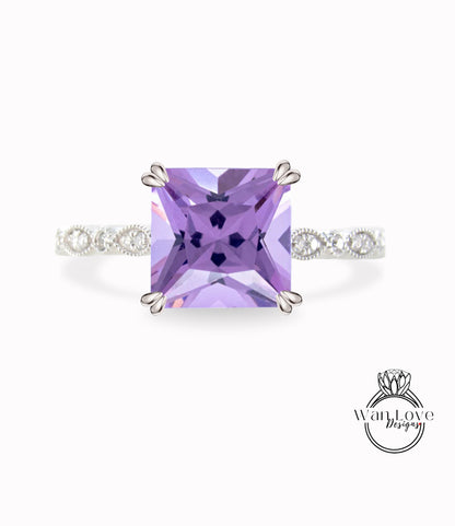 Anello di fidanzamento con ametista lavanda e diamante Halo, cuscino, rotondo, leggero, personalizzato, matrimonio, regalo di anniversario, impegno