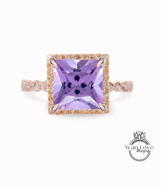 Anello di fidanzamento con ametista lavanda, anello con diamante Halo cuscino, anello con diamante di fidanzamento con ametista, fascia smerlata a foglia Milgrain