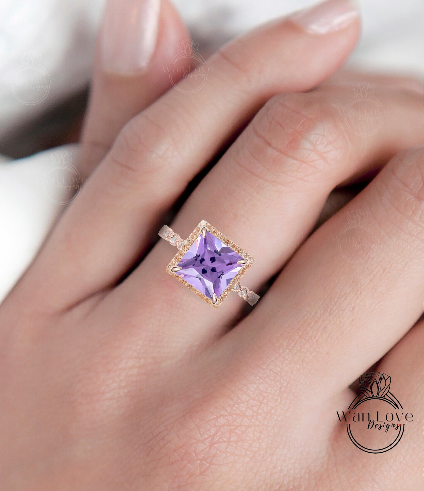 Lavender Amethyst Engagement Ring, Princess Halo Diamond Ring, Amethyst Engagement Diamond Ring, Milgrain Leaf Scalloped Band