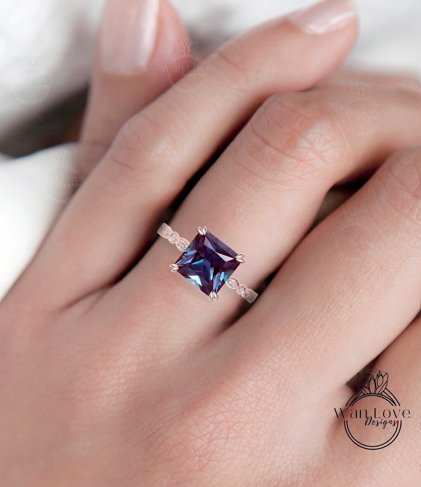 Alexandrite & Diamond Scalloped Princess Engagement Ring-Square-Cathedral Custom-14k 18k Gold-Platinum, Bridal Wedding ring-Anniversary gift