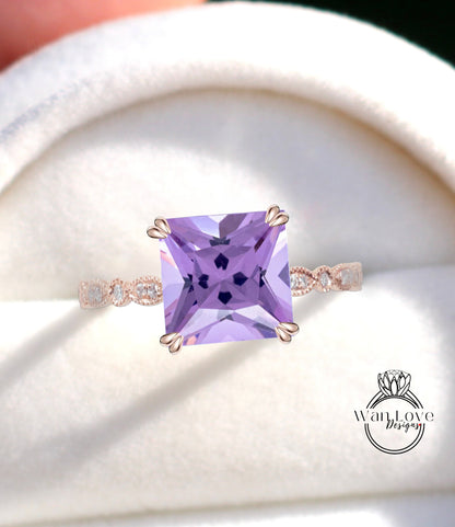 Anello di fidanzamento con ametista lavanda e diamante Halo, cuscino, rotondo, leggero, personalizzato, matrimonio, regalo di anniversario, impegno