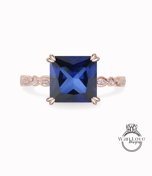 Blue Sapphire & Diamond Scalloped Princess Engagement Ring-Square-Cathedral Custom-14k 18k Gold-Platinum, Bridal Wedding ring-Anniversary gift