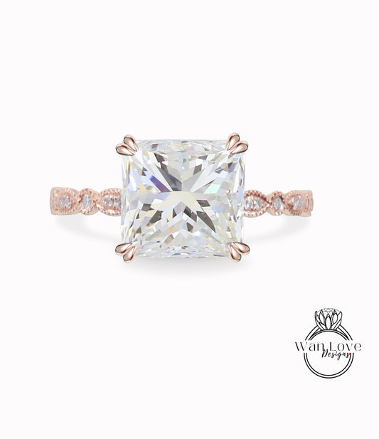Diamond Scalloped Princess Engagement Ring-Vintage Square lab diamond ring-Cathedral Custom-14k 18k Gold-Platinum, Bridal Wedding ring-Anniversary gift