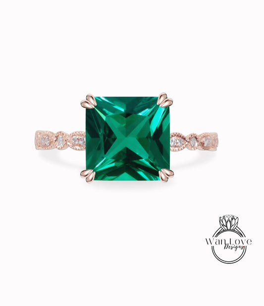 Emerald & Diamond Scalloped Princess Engagement Ring-Square-Cathedral Custom-14k 18k Gold-Platinum, Bridal Wedding ring-Anniversary gift