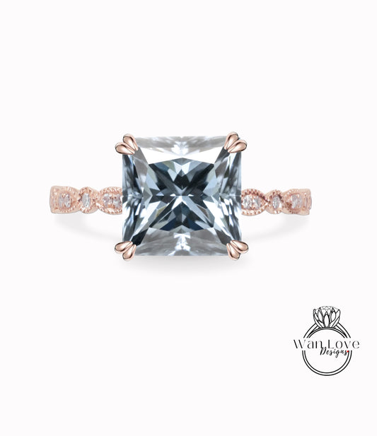 Gray Moissanite & Diamond Princess cut Scalloped Engagement Ring Square-14k 18k Gold-Platinum, Bridal Wedding ring-Anniversary gift