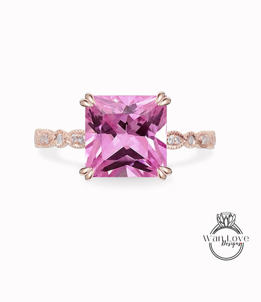 Pink Sapphire & Diamond Scalloped Milgrain Vintage Princess cut Pink Sapphire Engagement Ring/ Antique Style Anniversary Rings/ 14K Solid White Gold Rings