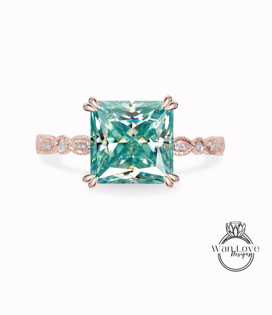 Teal Blue Green Moissanite & Diamond Princess cut Scalloped Engagement Ring Square-14k 18k Gold-Platinum, Bridal Wedding ring-Anniversary gift