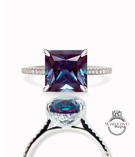 Alexandrite & Diamond Princess Side Halo Engagement Ring, Cathedral Basket, Custom, Square, 14kt 18kt Gold, Platinum, WanLoveDesigns