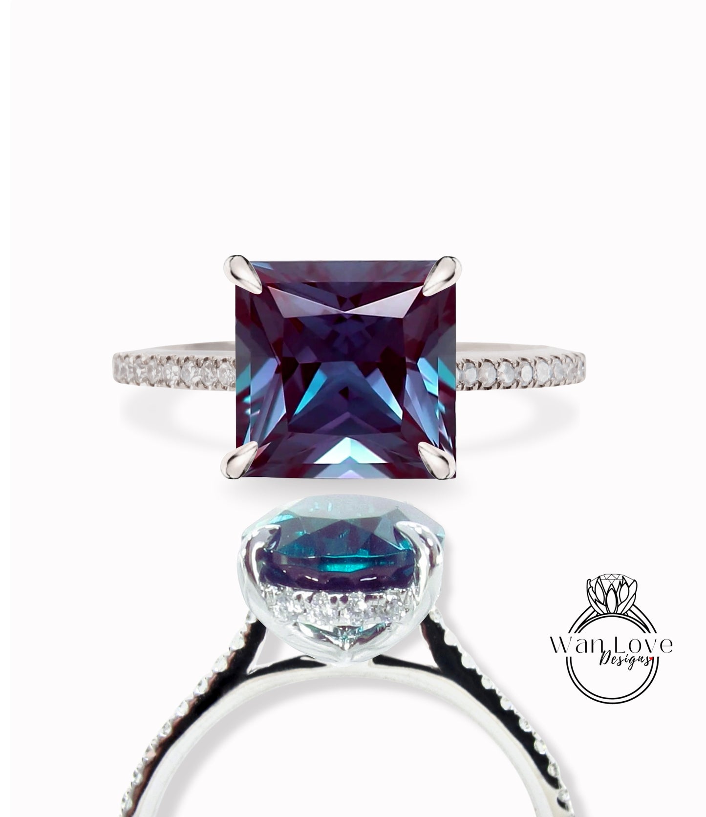 Anello di fidanzamento con aureola laterale Alexandrite e Diamond Princess, cesto della cattedrale, personalizzato, quadrato, oro 18kt 14kt, platino, WanLoveDesigns