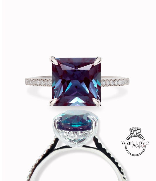 Alexandrite & Diamond Side Halo Princess Engagement Ring, 3/4 Almost Eternity, Custom, Square, 14kt 18kt Gold, Platinum, Anniversary Gift