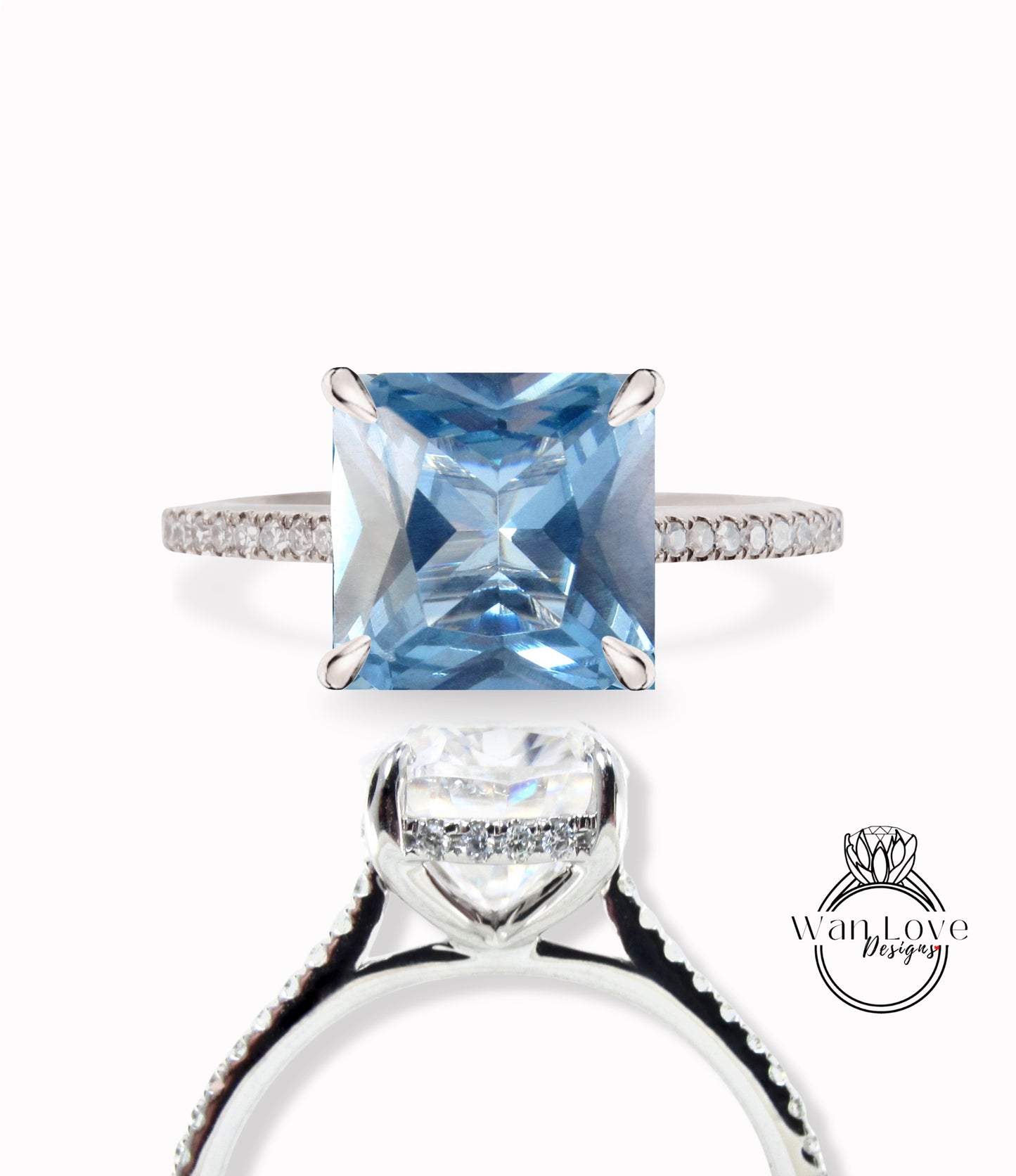 Anello di fidanzamento con spinello blu acquamarina e diamante Princess Side Halo, taglio quadrato, matrimonio, oro 14kt 18kt, platino, Asscher, WanLoveDesigns