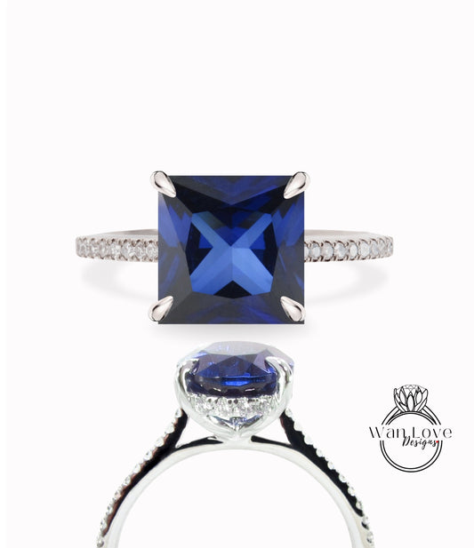 Blue Sapphire & Diamond Side Halo Princess Engagement Ring, 3/4 Almost Eternity, Custom, Square, 14kt 18kt Gold, Platinum, Anniversary Gift