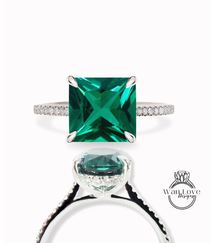 Emerald & Diamond Princess Side Halo Almost Eternity Engagement Ring, Custom, 14kt 18kt Gold, Platinum, WanLoveDesigns