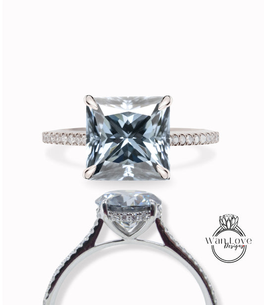 Gray Moissanite Princess & Diamond Side Halo Engagement Ring, 14k 18k Gold, Platinum, Custom, Wedding, WanLoveDesigns