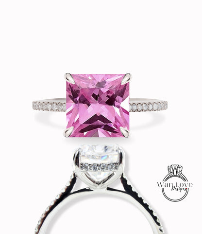 Pink Sapphire & Diamond Rings/ Pink Gemstone Ring/ Hidden Side Halo Princess cut Pink Sapphire Engagement Ring/ Anniversary Rings/ 14K Solid White Gold Rings