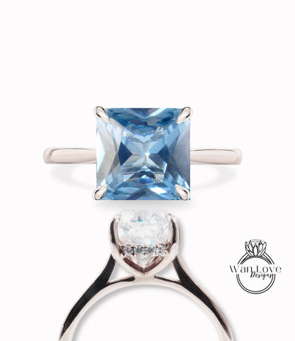 Aquamarine Blue Spinel Diamond Princess Side Halo Plain Shank Engagement Ring,Cathedral Basket,Custom,14kt 18kt Gold,Platinum,WanLoveDesigns