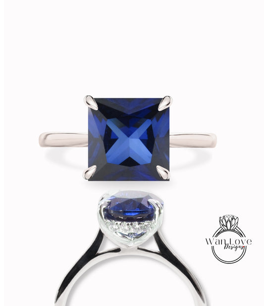 Blue Sapphire Diamonds Princess Side Halo Plain Shank Engagement Ring, Cathedral Basket,Custom,Square,14kt 18kt Gold,Platinum,WanLoveDesigns