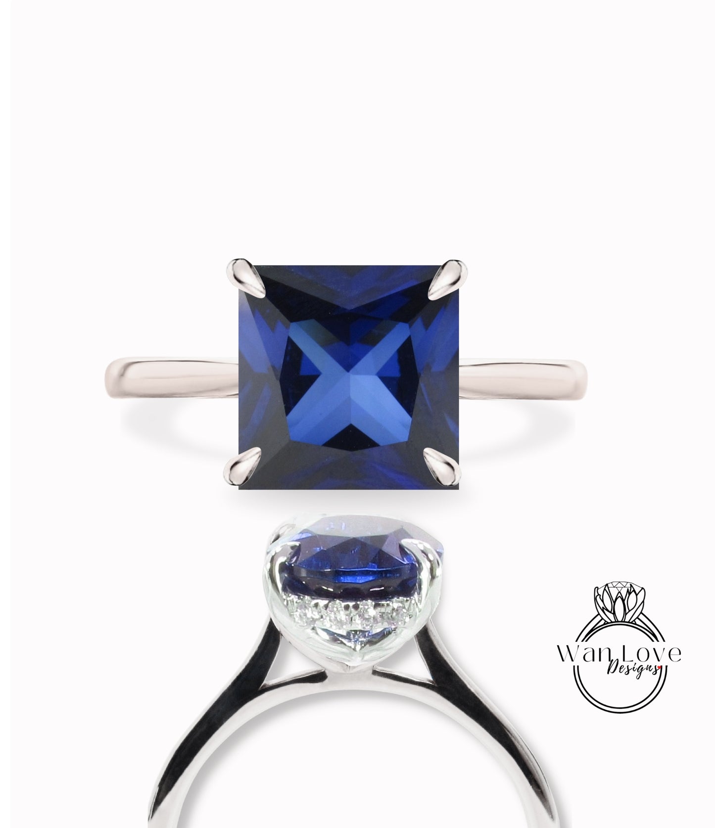 Anello di fidanzamento con gambo liscio Princess Side Halo con diamanti in zaffiro blu, Cestino della cattedrale, Personalizzato, Quadrato, Oro 14kt 18kt, Platino, WanLoveDesigns