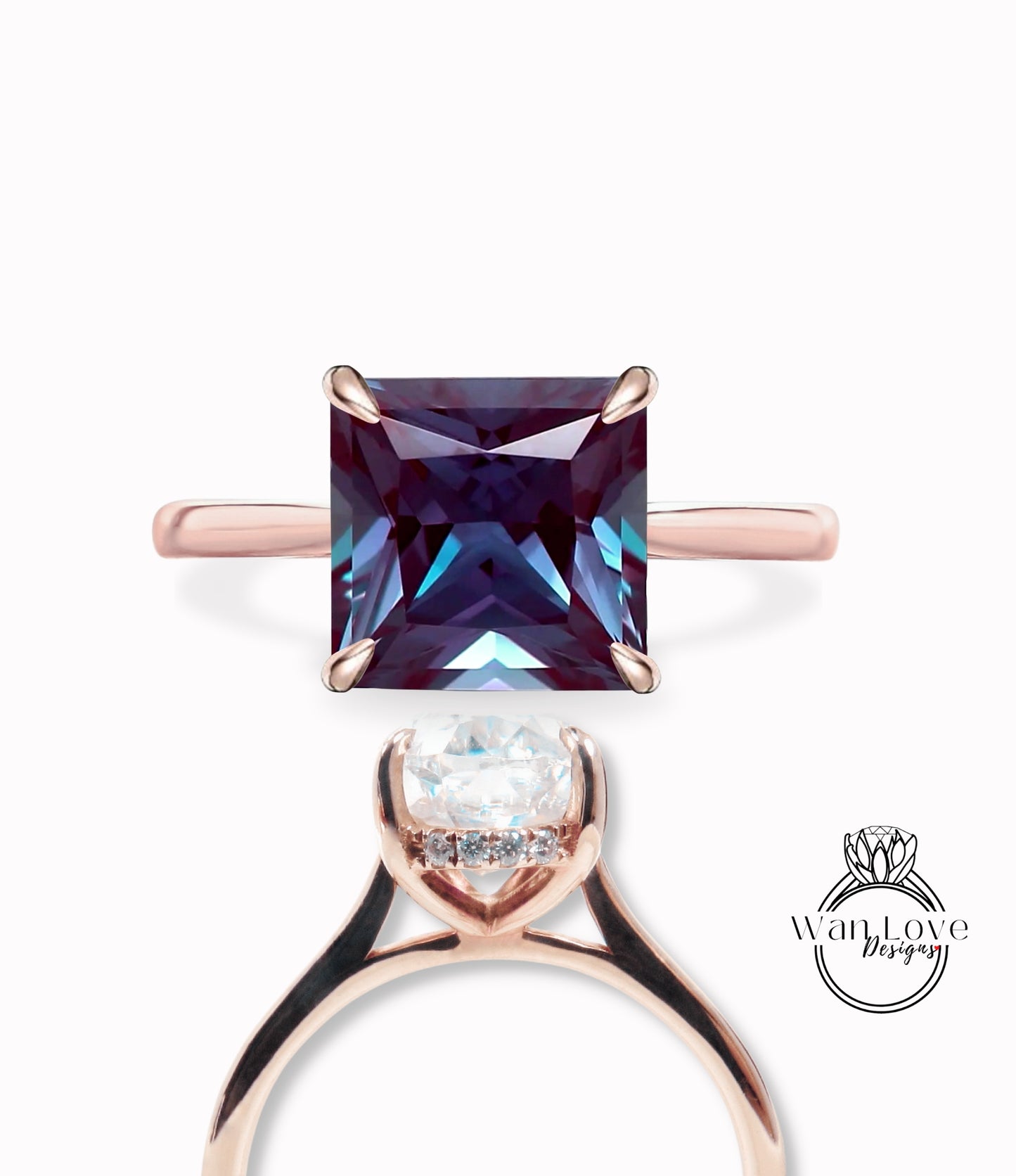 Alexandrite & Diamond Princess Side Halo Plain Shank Engagement Ring, Cathedral Basket,Custom,Square,14kt 18kt Gold,Platinum, WanLoveDesigns