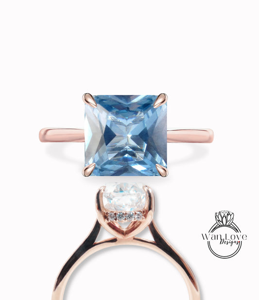 Aquamarine Blue Spinel Diamond Princess Side Halo Plain Shank Engagement Ring,Cathedral Basket,Custom,14kt 18kt Gold,Platinum,WanLoveDesigns
