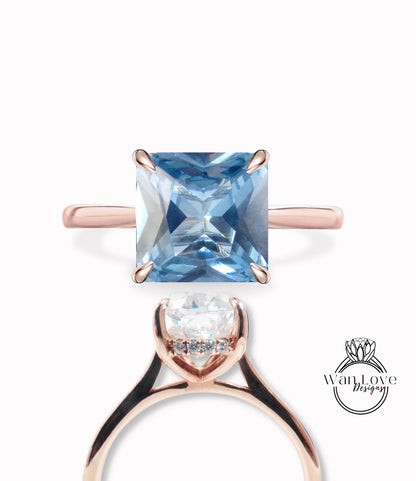 Anello di fidanzamento con gambo liscio con diamante principessa spinello blu acquamarina, cesto della cattedrale, personalizzato, oro 14kt 18kt, platino, WanLoveDesigns