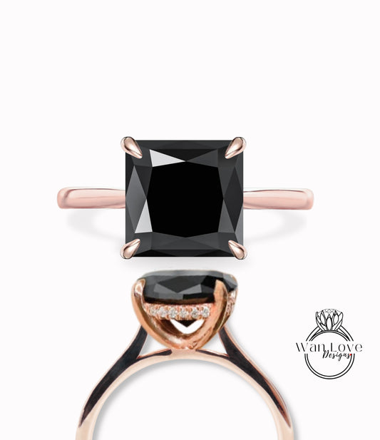 Black Spinel & Diamond Princess Side Halo Plain Shank Engagement Ring, Cathedral Basket,Custom,Square,14kt 18kt Gold,Platinum,WanLoveDesigns